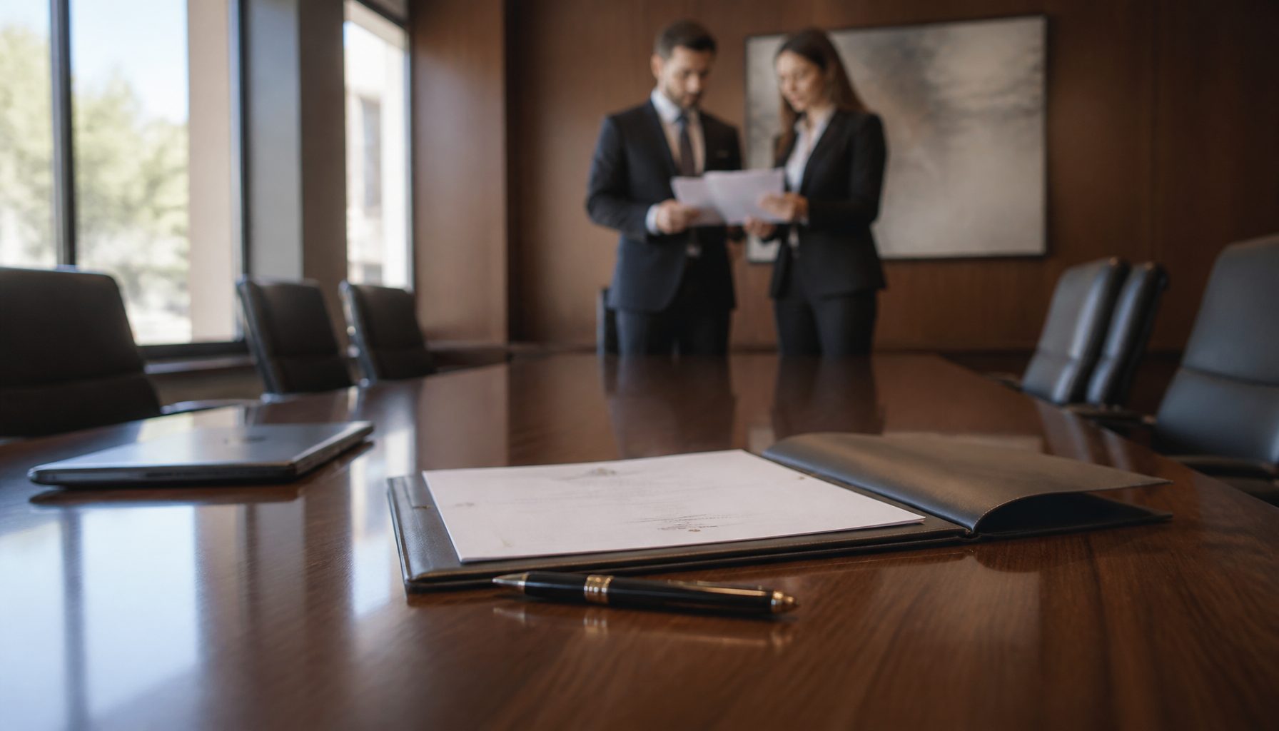 A conference room with reviewed documents