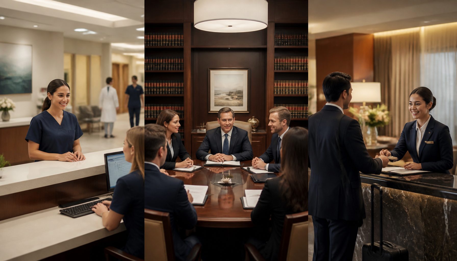Three business environments — clinic, law firm, hotel