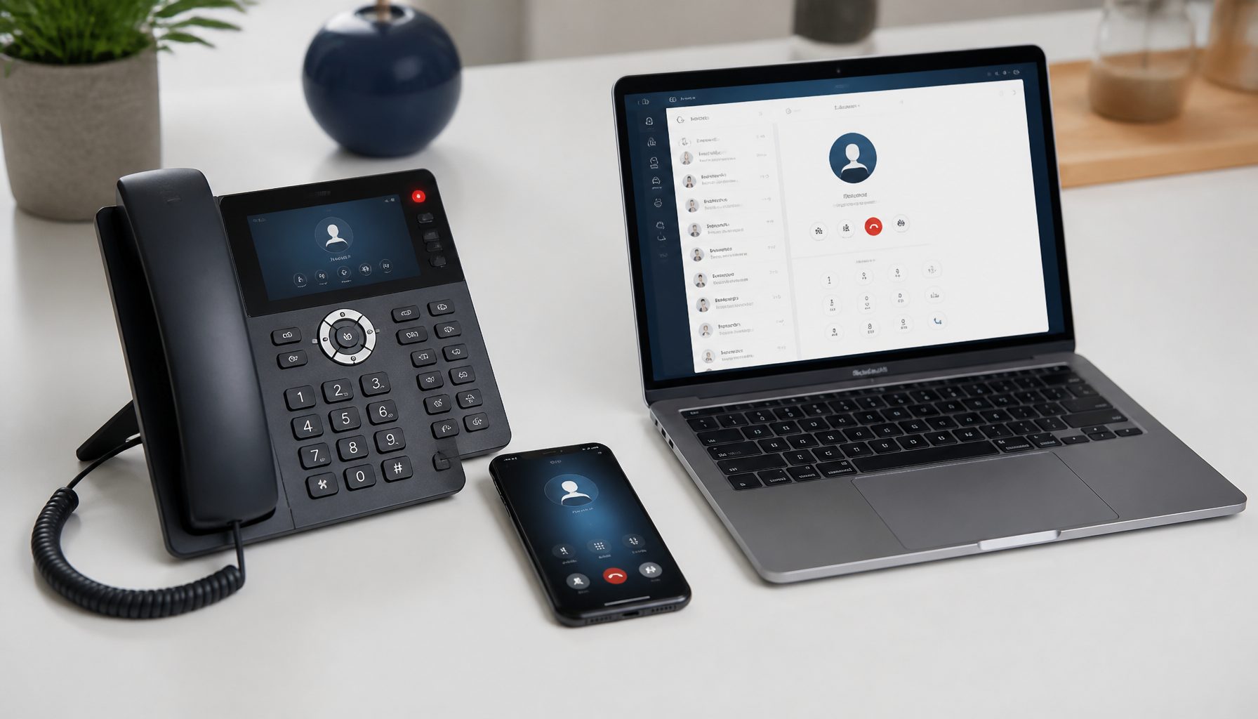 A row of business phone devices on a clean desk