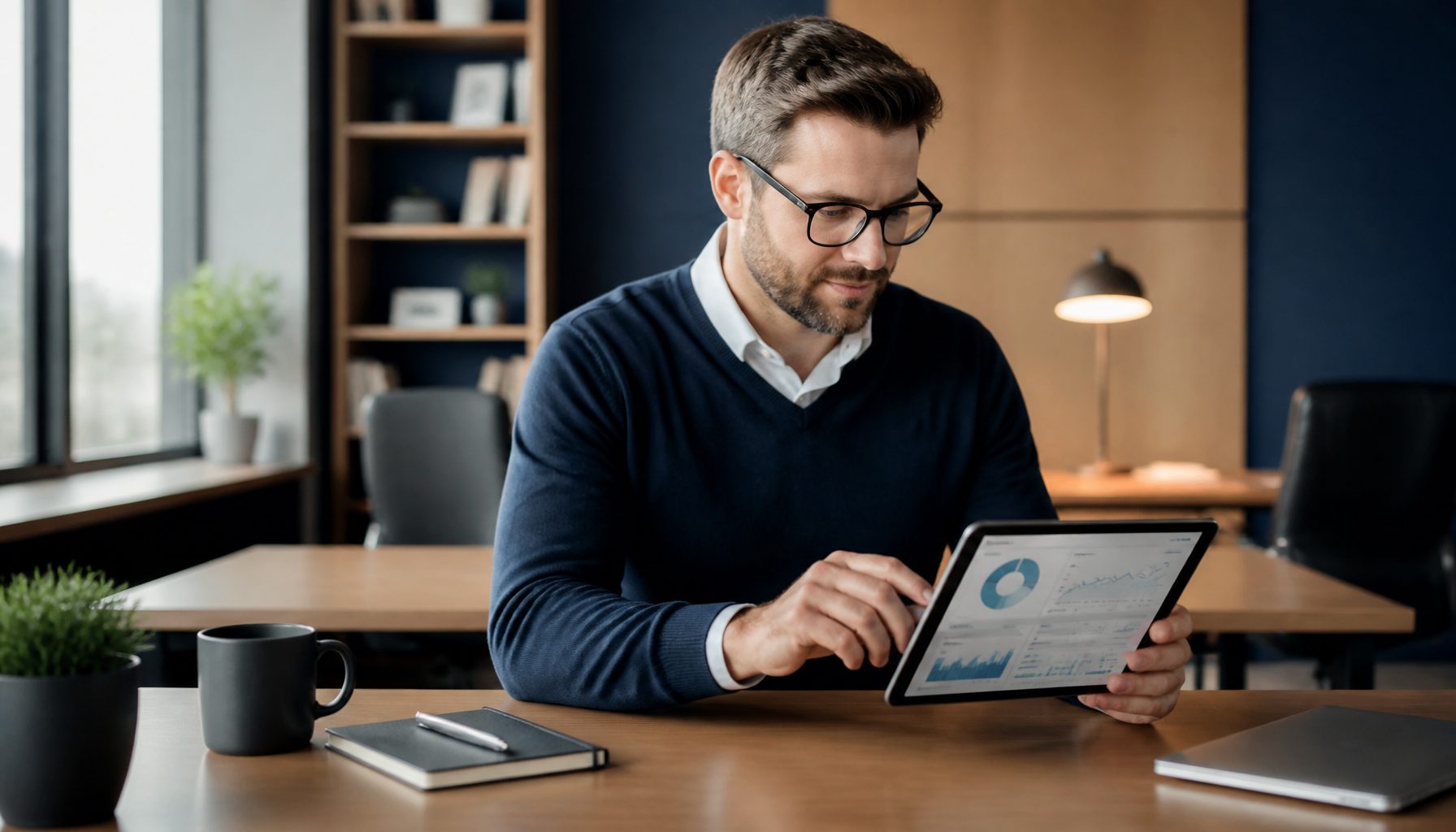 A network engineer reviewing a tablet at a clean desk